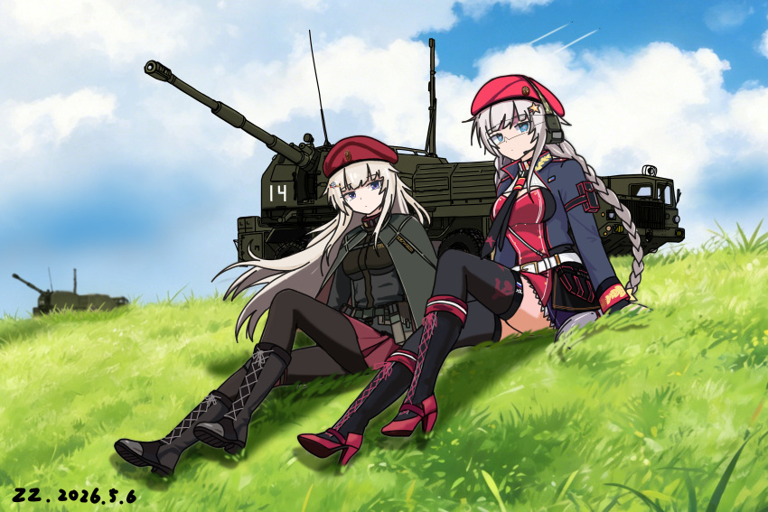2girls, a-222_bereg, absurdres, ak74m_(girls'_frontline), artillery, belt, beret, black_pantyhose, black_thighhighs, blue_eyes, boots, braid, cloak, clouds, girls_frontline, grass, hair_ornament, hat, headphones, highres, holster, long_hair, looking_at_viewer, military, military_uniform, military_vehicle, motor_vehicle, multiple_girls, ots-12_(girls'_frontline), pantyhose, self-propelled_artillery, sitting, skirt, sky, thigh-highs, user_sgex8545, white_hair