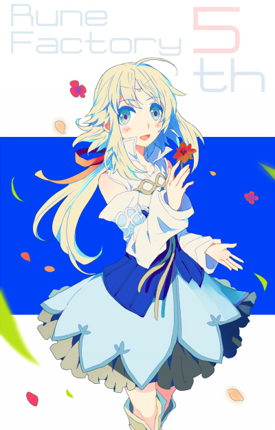 blonde_hair, blue_eyes, detached_sleeves, dress, flower, hair_ornament, hi_(miriri), long_hair