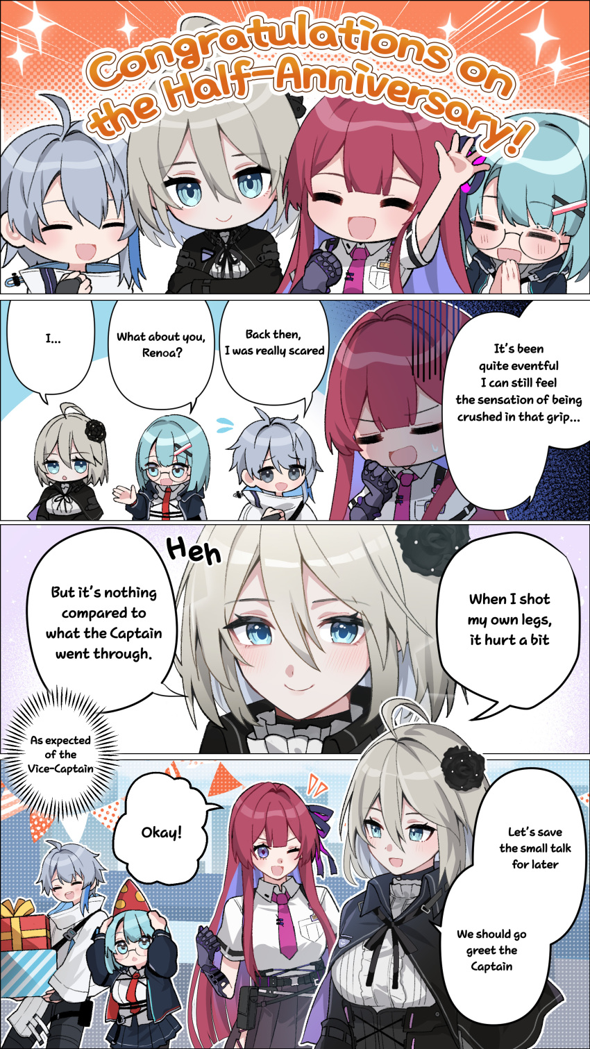 1boy, 3girls, ^_^, absurdres, ahoge, anniversary, aqua_hair, arm_up