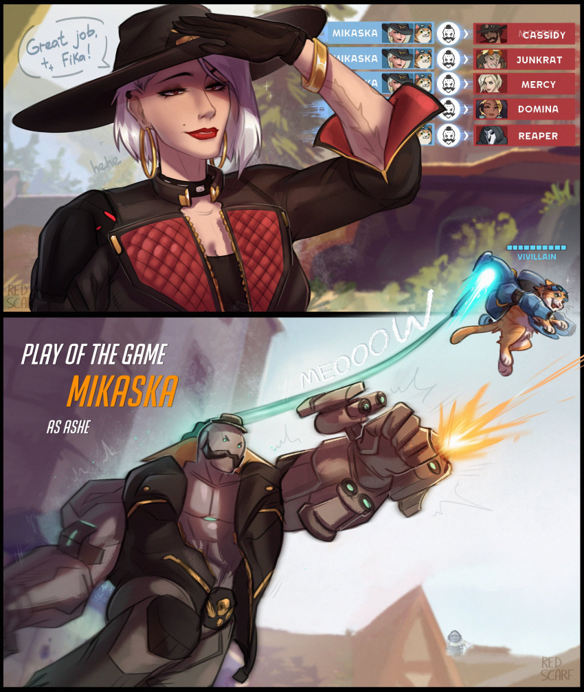 1girl, absurdres, arm_up, ashe_(overwatch), asymmetrical_hair, black_gloves, black_vest, bob_(overwatch), bowler_hat, cat, clothed_robot, commentary, cowboy_hat, cowgirl_(western), earrings, english_commentary, english_text, firing, friendly_mutton_chops, gameplay_mechanics, gloves, half-closed_eyes, hat, heads-up_display, health_bar, highres, hoop_earrings, humanoid_robot, jetpack_cat_(overwatch), jewelry, lipstick, makeup, mole, mole_above_mouth, omnic, overwatch, red_eyes, red_lips, redscarfabs, robot, robot_boy, upper_body, user_interface, vest, white_hair, winston_(overwatch), winton_(overwatch)