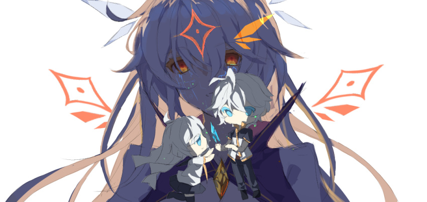 1boy, 2girls, ahoge, antenna_hair, arms_up, blue_eyes, braid, chibi