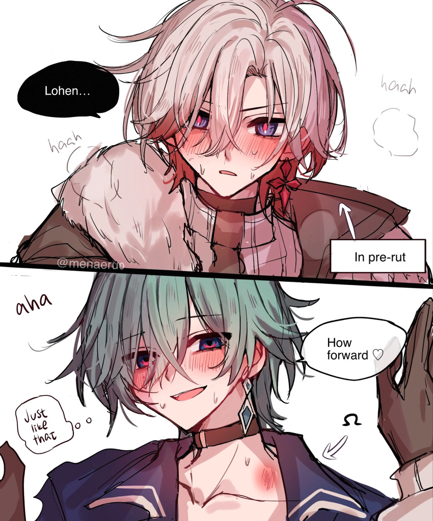 2boys, belt, belt_collar, black_belt, black_gloves, blue_eyes, blue_shirt, blush