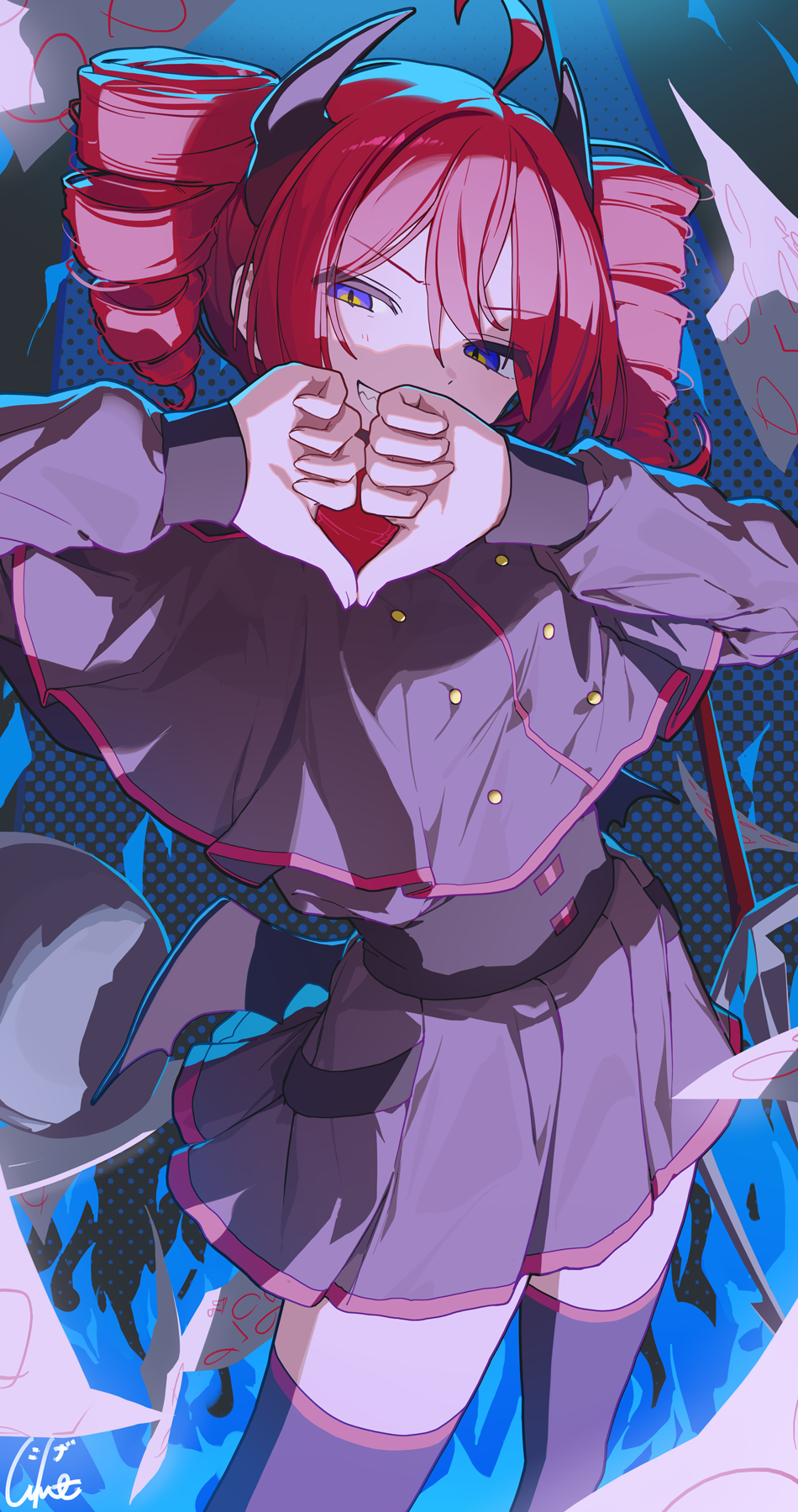 1girl, ahoge, black_capelet, black_horns, black_shirt, black_skirt, black_thighhighs, blue_eyes