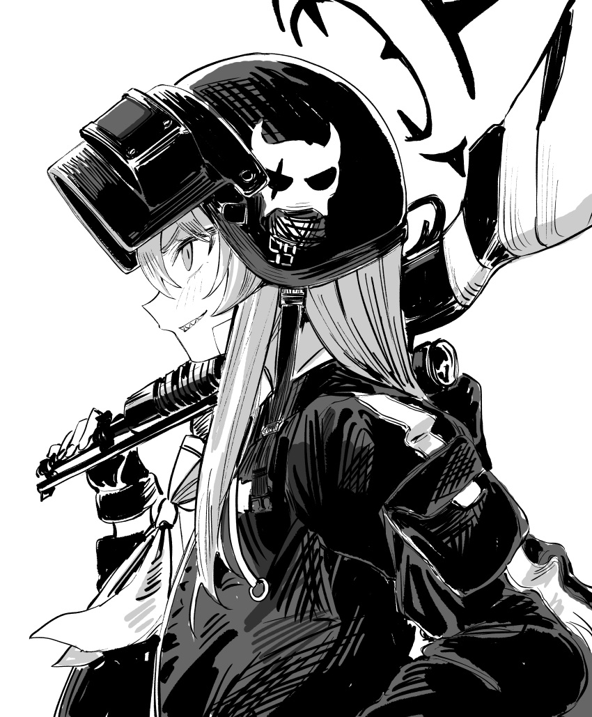 absurdres, altyn_helmet, bandage_on_cheek, blue_archive, combat_helmet, commentary, fingerless_gloves, from_side