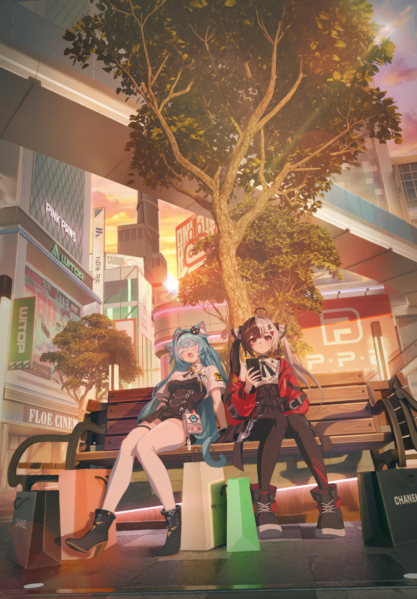 2girls, absurdres, animal_ears, aqua_hair, black_bodysuit, black_hair, black_pantyhose, black_skirt