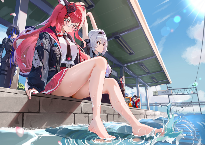 1boy, 3girls, animal_ears, barefoot, black-framed_eyewear, black_hair, black_jacket, black_necktie, black_pants, blue_hair, blue_sky, cat_ears, cat_girl, cat_tail, clouds, commentary_request, daffodil_(neverness_to_everness), edgar_(neverness_to_everness), female_esper_zero_(neverness_to_everness), glasses, hair_ornament, highres, jacket, looking_at_viewer, multicolored_hair, multiple_girls, nail_polish, nanally_(neverness_to_everness), necktie, neverness_to_everness, pants, red_eyes, red_hair, red_nails, shirt, sky, splashing, tail, taygedo_(neverness_to_everness), teritama_(teritama_house), two-tone_hair, water, white_shirt, x_hair_ornament