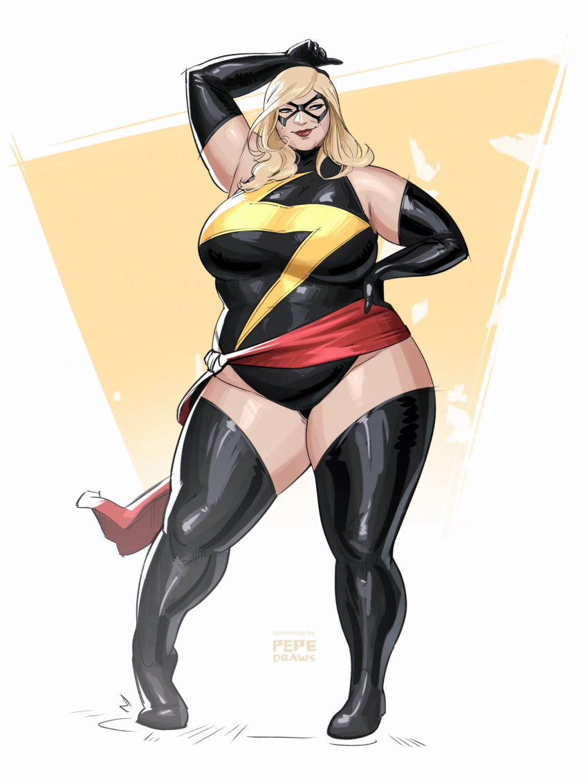 1girl, artist_name, black_boots, black_gloves, black_leotard, blonde_hair, blue_eyes, boots