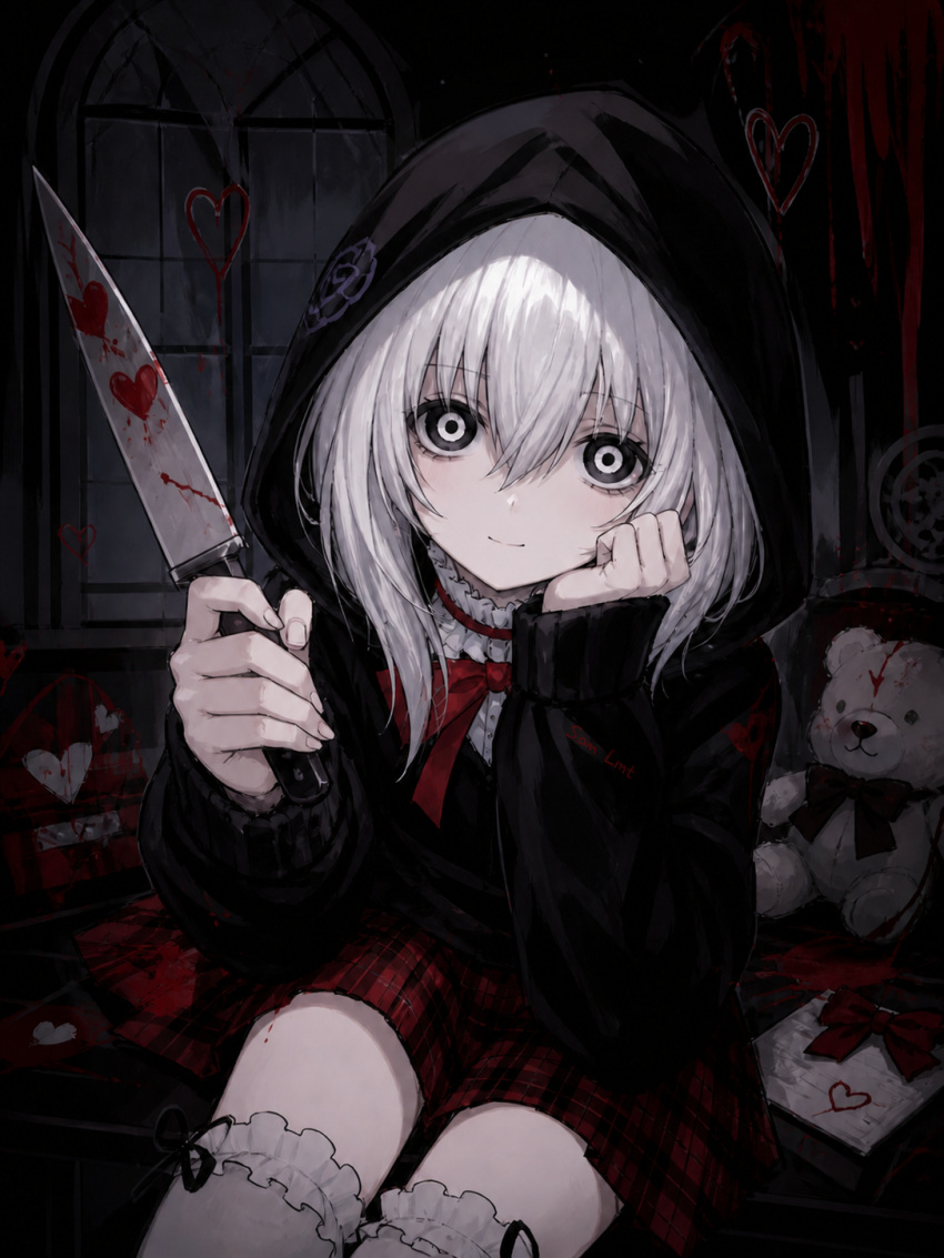 black_hoodie, highres, holding, holding_weapon, hood, hoodie, horror_(theme), jeff_the_killer