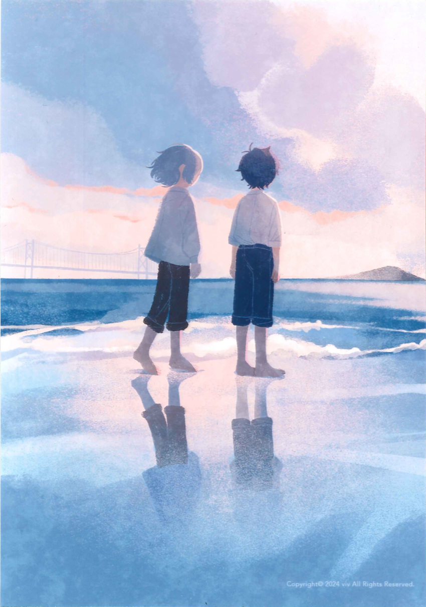 2boys, absurdres, akinashi_haru, black_pants, blue_pants, bridge, clouds, cloudy_sky