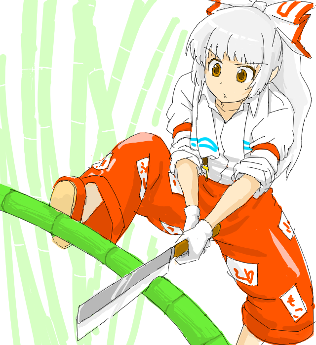 bamboo, bamboo_forest, blade, cleaver, cutting, forest, fujiwara_no_mokou, gloves