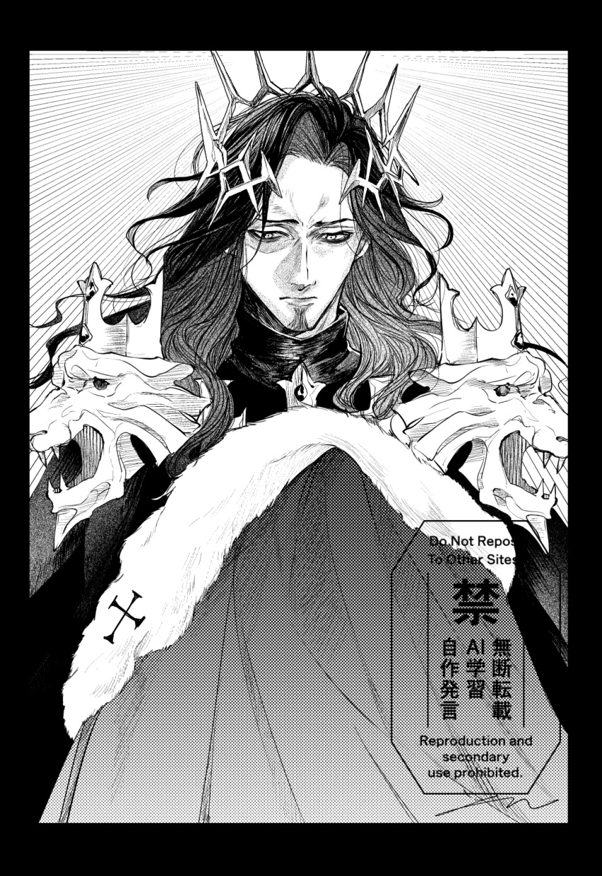 1boy, black_border, border, cape, closed_mouth, commentary_request, crown, curtained_hair, facial_hair, fate/grand_order, fate_(series), goatee_stubble, greyscale, high_collar, highres, holding, holding_unworn_cape, holding_unworn_clothes, john_lackland_(fate), john_lackland_(third_ascension)_(fate), long_hair, looking_at_object, male_focus, monochrome, nervlish, solo, stubble, unworn_cape