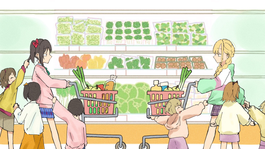1boy, 6+girls, baguette, bean_sprout, bell_pepper, black_hair, blonde_hair, blue_jacket