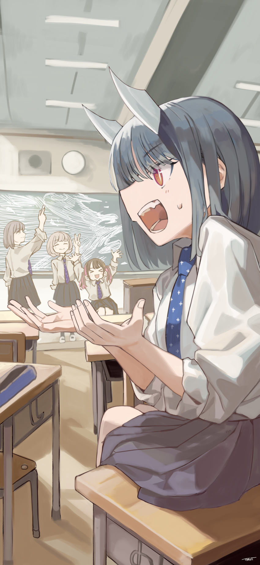 >_<, 4girls, absurdres, aoki_ruri, black_hair, black_skirt, blue_hair, blue_necktie