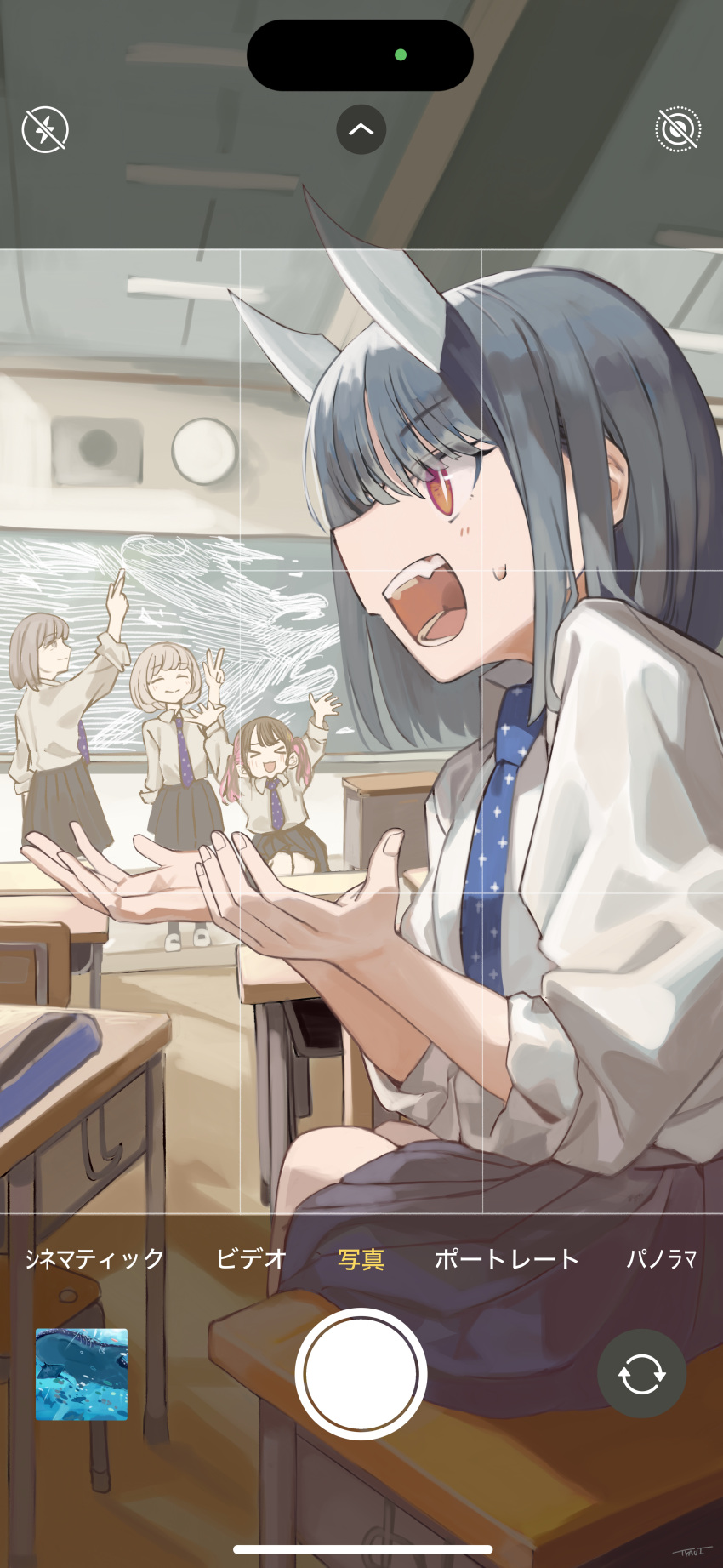 >_<, 4girls, absurdres, aoki_ruri, bag, black_hair, black_skirt, blue_hair