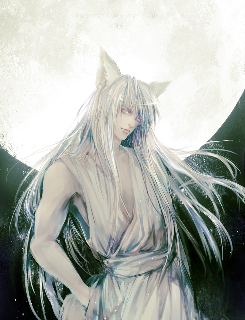 animal_ears, babyfoxcc, fox_ears, full_moon, hand_in_pocket, long_hair, male, moon