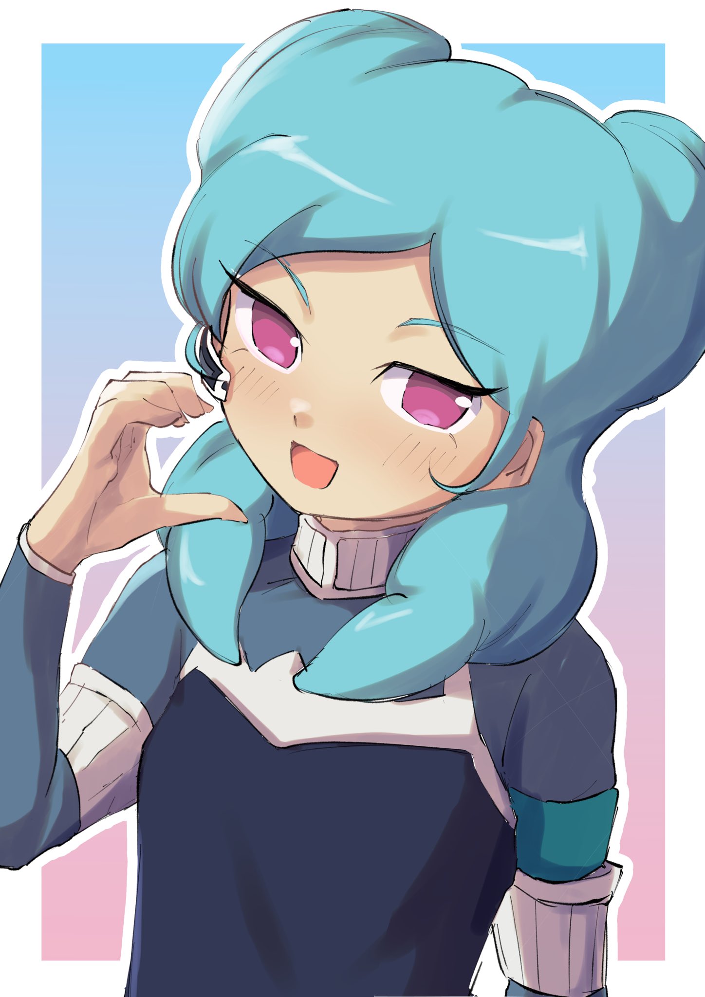 1girl, 4nka_marine, :d, aqua_hair, beta_(inazuma_eleven), black_vest, blue_background, blush, bodysuit, border, breasts, commentary, double_bun, gradient_background, grey_bodysuit, hair_bun, half-heart_hands, highres, inazuma_eleven_(series), inazuma_eleven_go, inazuma_eleven_go_chrono_stone, long_sleeves, looking_at_viewer, no_pupils, open_mouth, outline, outside_border, pink_background, pink_eyes, small_breasts, smile, solo, vest, white_border, white_outline