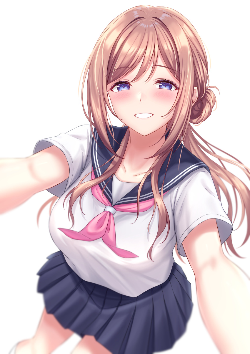 1girl, absurdres, black_sailor_collar, black_skirt, blue_eyes, breasts, brown_hair, collarbone