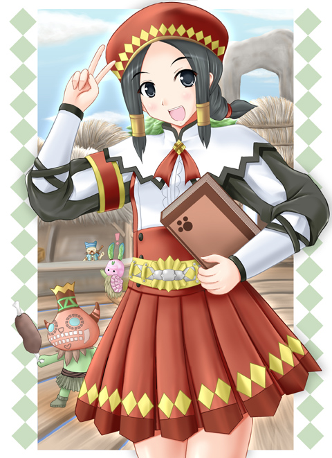 !, 1girl, 3boys, aikawa_fuugetsu, armband, belt, black_eyes, black_hair, black_trim, book, braid, braided_ponytail, buttons, capelet, cha-cha, clouds, cloudy_sky, colored_skin, commentary_request, cowboy_shot, food, green_skin, guild_sweetheart, hair_tubes, hand_up, hat, holding, holding_book, holding_food, itinerant_cook, kayamba, looking_at_viewer, mask, monster_hunter_(series), monster_hunter_3_g, multiple_boys, outdoors, red_armband, red_hat, red_ribbon, red_skirt, ribbon, shirt, sidelocks, skirt, sky, smile, steak, suspender_skirt, suspenders, teeth, upper_teeth_only, v, white_capelet, white_shirt, yellow_trim
