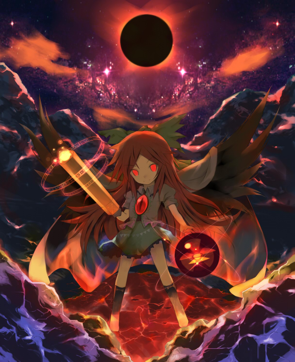 arm_cannon, black_sun, black_wings, bow, brown_hair, cape, chibi, cloud, eclipse, energy_ball, glowing, glowing_eyes, glowing_weapon, hair_bow, hato_no_hito, mountain, night, nuclear, radiation_symbol, red_eyes, reiuji_utsuho, shirt, skirt, sky, solar_eclipse, solo, star_(sky), sun, third_eye, touhou, weapon, wings