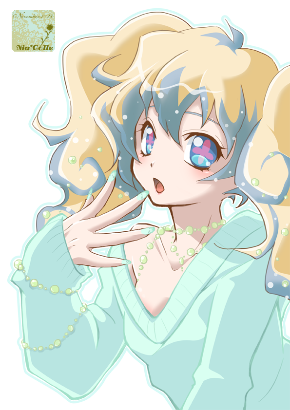 1girl, alternate_hairstyle, blue_eyes, fashion, fingernails, jewelry, kagemoto_yuki, multicolored_hair, nail_polish, nia_teppelin, off_shoulder, open_mouth, pink_eyes, solo, sweater, symbol-shaped_pupils, tengen_toppa_gurren_lagann, transparent_background, twintails, two-tone_hair