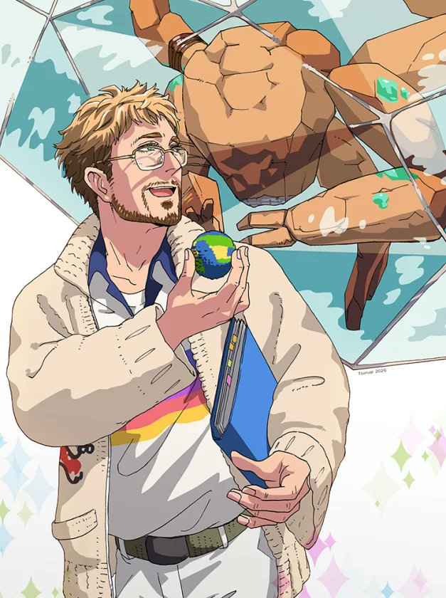 1boy, alien, beard_stubble, blonde_hair, casual, commentary_request, facial_hair, glasses