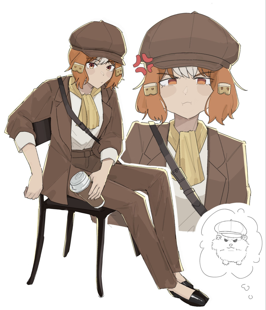 1girl, amoncheeto, anger_vein, belno_light_(umamusume), black_shoes, brown_hat, brown_jacket, brown_pants, chair, closed_mouth, commentary, english_commentary, frown, hamster, hat, highres, jacket, looking_at_viewer, multiple_views, newsboy_cap, on_chair, open_clothes, open_jacket, orange_eyes, orange_hair, pants, shirt, shoes, short_hair, simple_background, sitting, umamusume, v-shaped_eyebrows, white_background, white_shirt