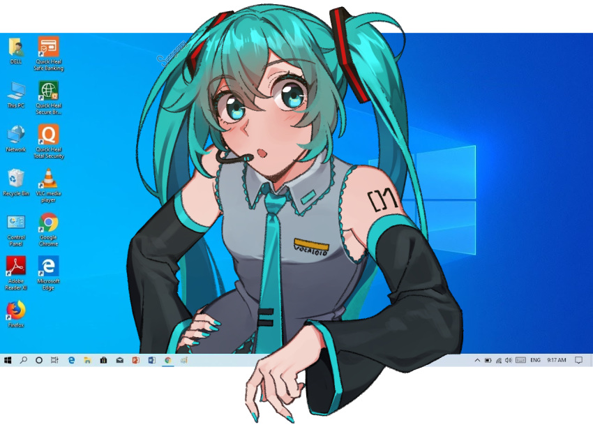 1girl, :o, adobe, aqua_eyes, aqua_hair, aqua_nails, aqua_necktie, arm_tattoo