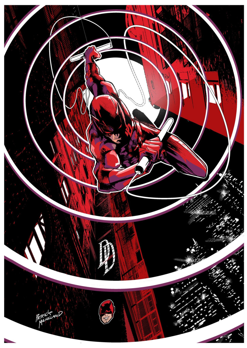 1boy, blind, bodysuit, character_logo, commentary, daredevil, daredevil_(series), english_commentary, highres, holding, holding_baton, holding_nunchaku, holding_weapon, horned_mask, male_focus, marvel, mask, nunchaku, pat_m_art, red_bodysuit, solo, superhero_costume, weapon