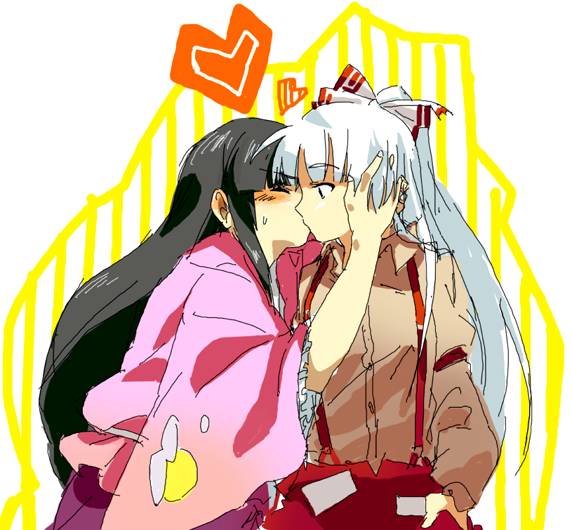 black_hair, doofuf, frills, fujiwara_no_mokou, hair_ribbon, hand_in_pocket, heart, houraisan_kaguya
