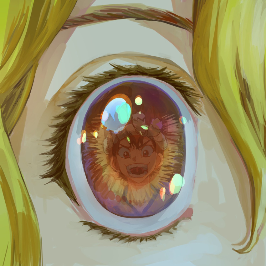 1boy, 1girl, chrome_(dr._stone), close-up, commentary_request, different_reflection, dr._stone, eye_focus