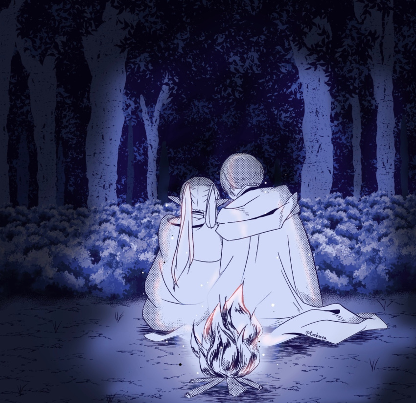 1boy, 1girl, blue_hair, cape, commentary_request, elf, fire, forest