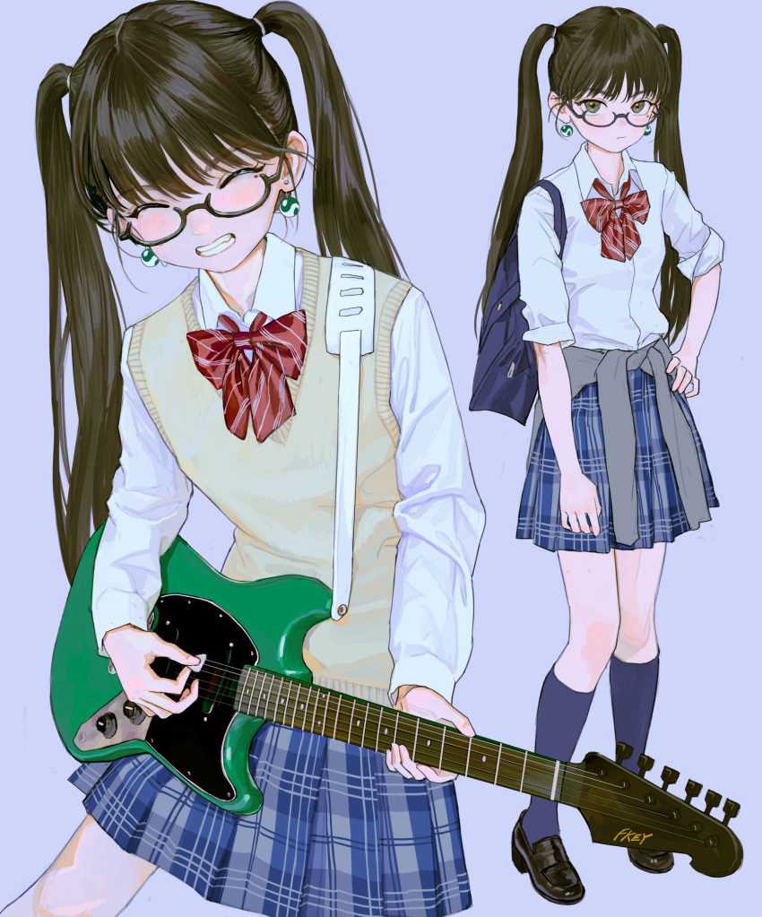 1girl, artist_name, bag, black-framed_eyewear, black_shoes, blue_skirt, blue_socks, bow