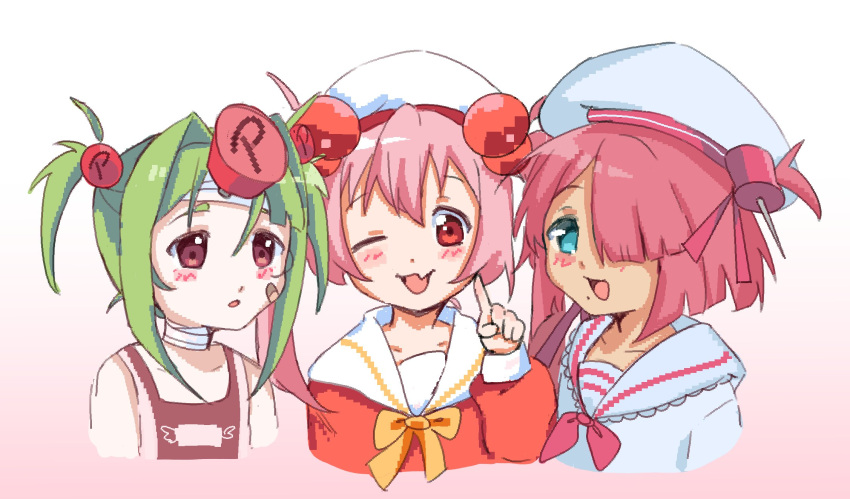3girls, appled0lly, bandaged_head, bandaged_neck, bandages, bandaid, bandaid_on_cheek, bandaid_on_face