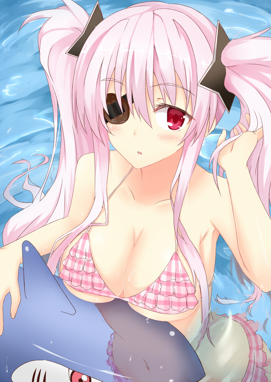 bikini, breasts, cleavage, eyepatch, frilled_bikini, frills, hair_ornament, highres, inflatable_toy, kurifuto, large_breasts, long_hair, navel, plaid, red_eyes, senran_kagura, shark, submerged, swimsuit, twintails, underboob, very_long_hair, wet, yagyuu_(senran_kagura)