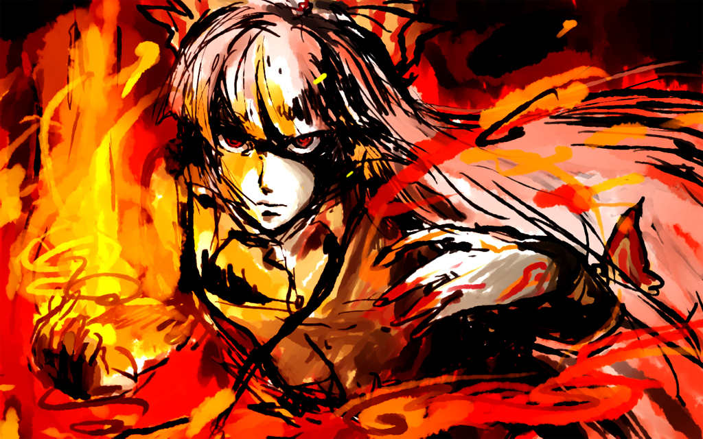 aka, bad_id, close-up, fire, fujiwara_no_mokou, hair_ribbon, long_hair, red_eyes