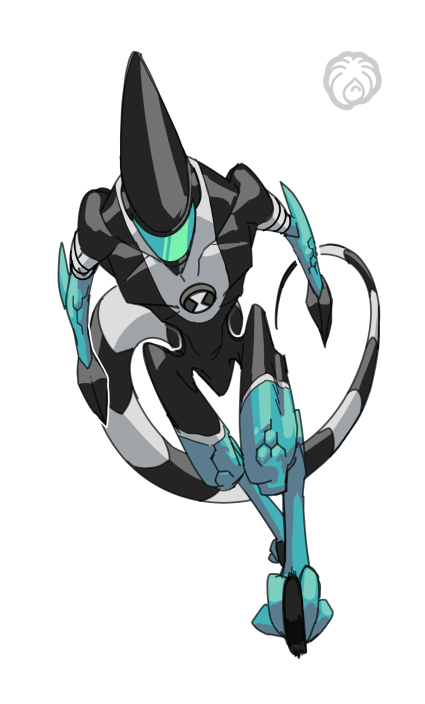 absurdres, alien, ben_10, black_skin, colored_sclera, colored_skin, grey_skin, highres, mlix, multicolored_skin, omnitrix, signature, simple_background, two-tone_skin, white_background, white_skin, xlr8