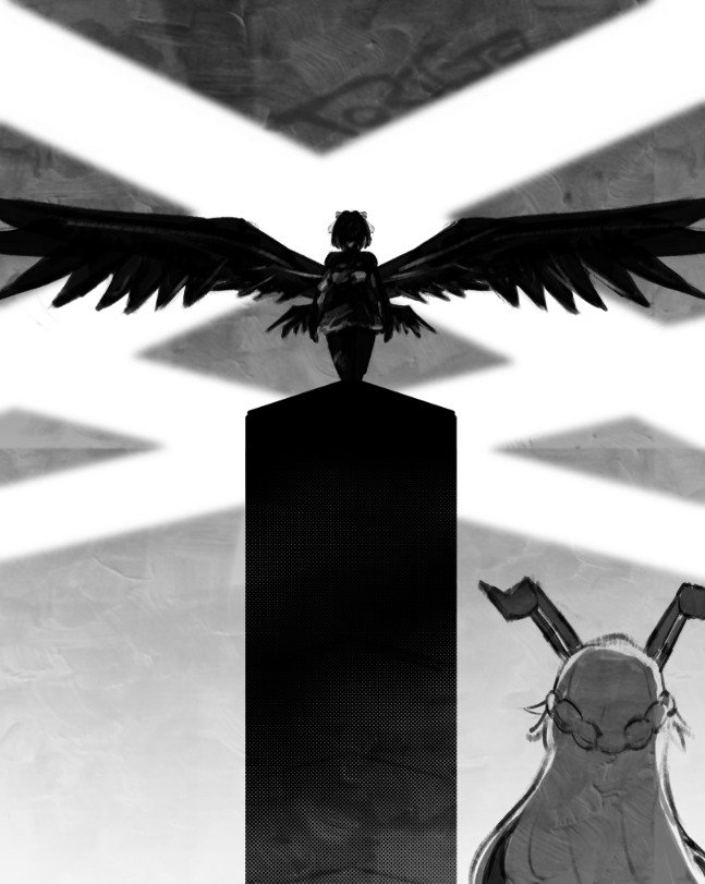 2girls, back, black_horns, black_wings, greyscale, horns, long_hair, medium_hair