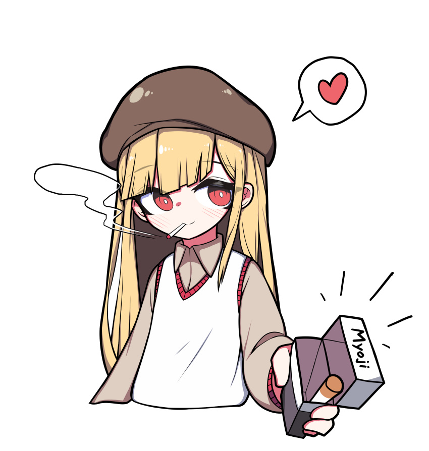 1girl, absurdres, beret, blonde_hair, brown_hat, brown_shirt, character_request, cigarette
