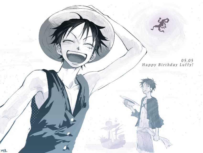 1boy, black_hair, closed_eyes, commentary_request, cowboy_shot, cross_scar, dated, facing_viewer