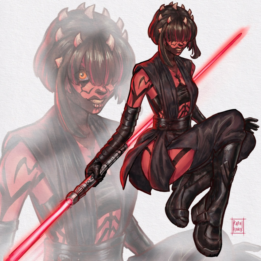 1girl, alien, boots, breasts, brown_hair, colored_skin, cosplay, darth_maul, darth_maul_(cosplay), double_bladed_lightsaber, energy_sword, gloves, grin, highres, holding, holding_sword, holding_weapon, lightsaber, looking_at_viewer, medium_breasts, rafafloresart, red_lightsaber, red_skin, sith, smile, solo, star_wars, sword, teeth, weapon, zabrak
