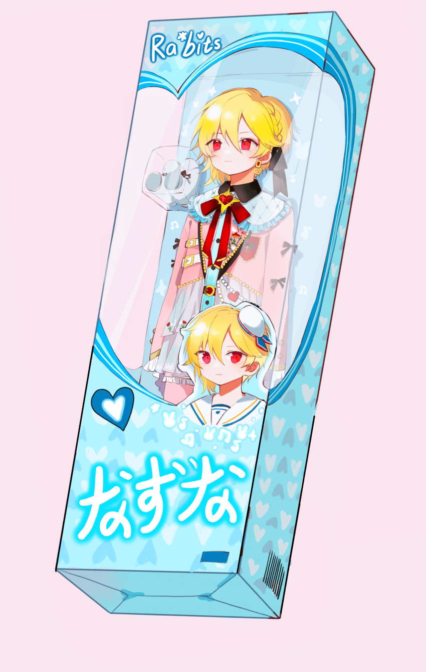 1boy, absurdres, androgynous, baoshi_xiao_niao, black_bow, blonde_hair, blue_shirt, blush