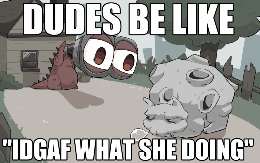 binoculars, building, closed_eyes, commentary, day, english_commentary, english_text, foreshortening, highres, idgaf_what_she_doing_(meme), image_macro_(meme), impact_(font), maranja, meme, mewgenics, monster, no_humans, nose_bubble, outdoors, pyrophina, red_eyes, sleeping, slit_pupils, tree, zaratana
