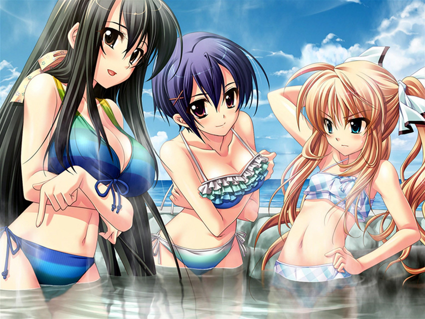 3girls, :o, aiba_tomono, artist_request, bikini, blush, breast_envy, breasts, cleavage, flat_chest, frilled_bikini, frills, hand_on_hip, highres, large_breasts, long_hair, lydie_de_le_fehver, miwa_fuzuki, multiple_girls, navel, resizing_artifacts, sakura_tale, side-tie_bikini, source_request, staring_at_breasts, submerged, swimsuit, twintails