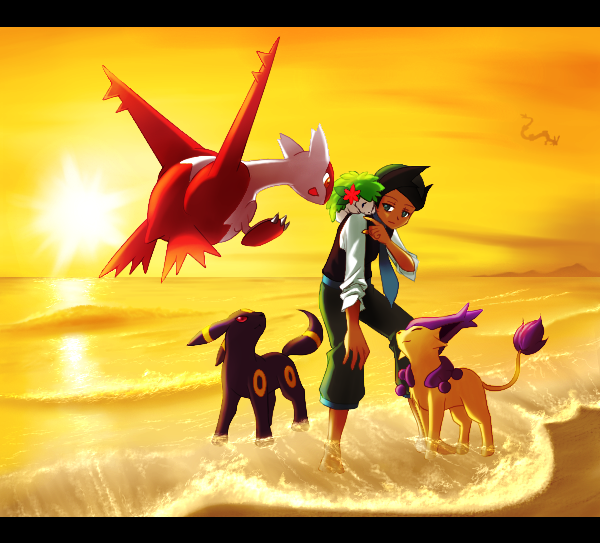 1boy, arano_hachi, delcatty, frontier_brain, latias, nejiki_(pokemon), ocean, pokemon