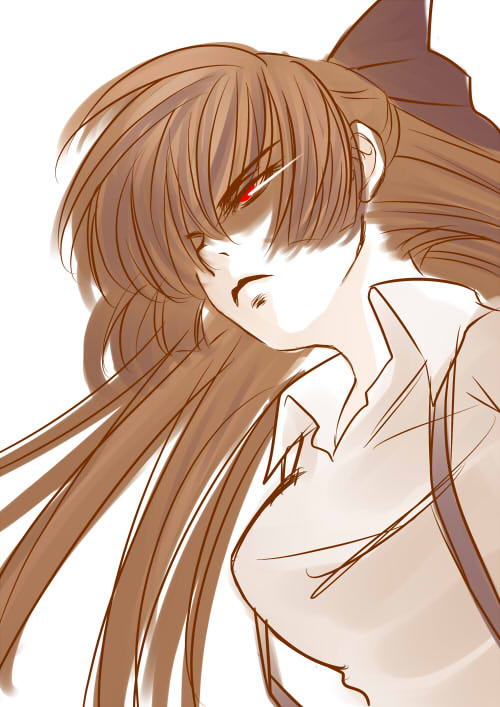brown_hair, face, from_below, fujiwara_no_mokou, hair_over_one_eye, hair_ribbon, kuroi_ken'ichi, kurokkenu