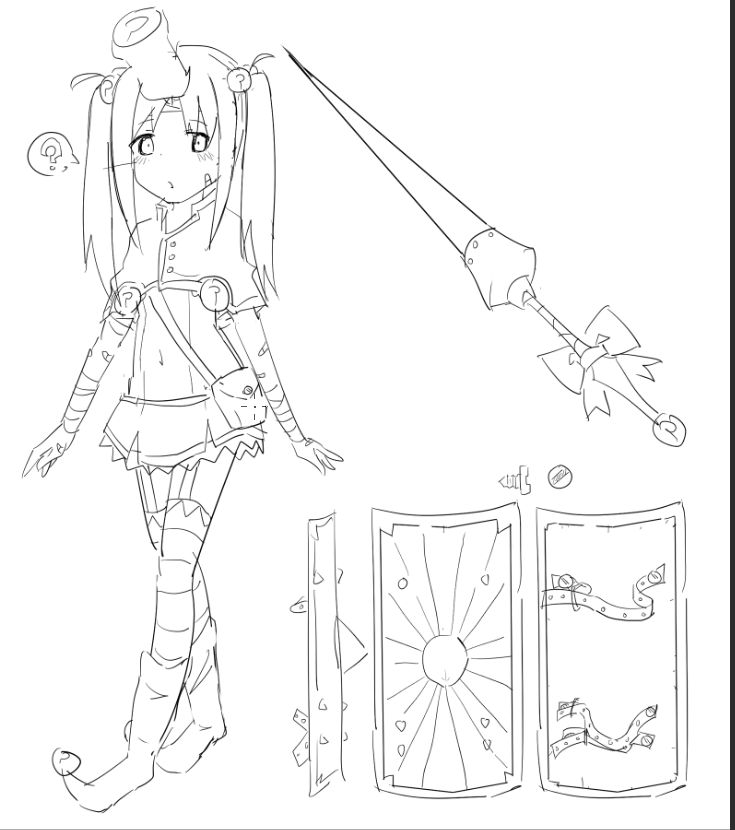 1girl, 2000s_(style), ?, bandaged_head, bandages, bandaid, bandaid_on_face, boots, demgoze, hair_bobbles, hair_ornament, lance, miniskirt, original, pinterest, pinterest-chan_(demgoze), polearm, pushpin, pushpin_through_head, shield, skirt, solo, speech_bubble, spoken_question_mark, standing, thigh-highs, twintails, walking, weapon