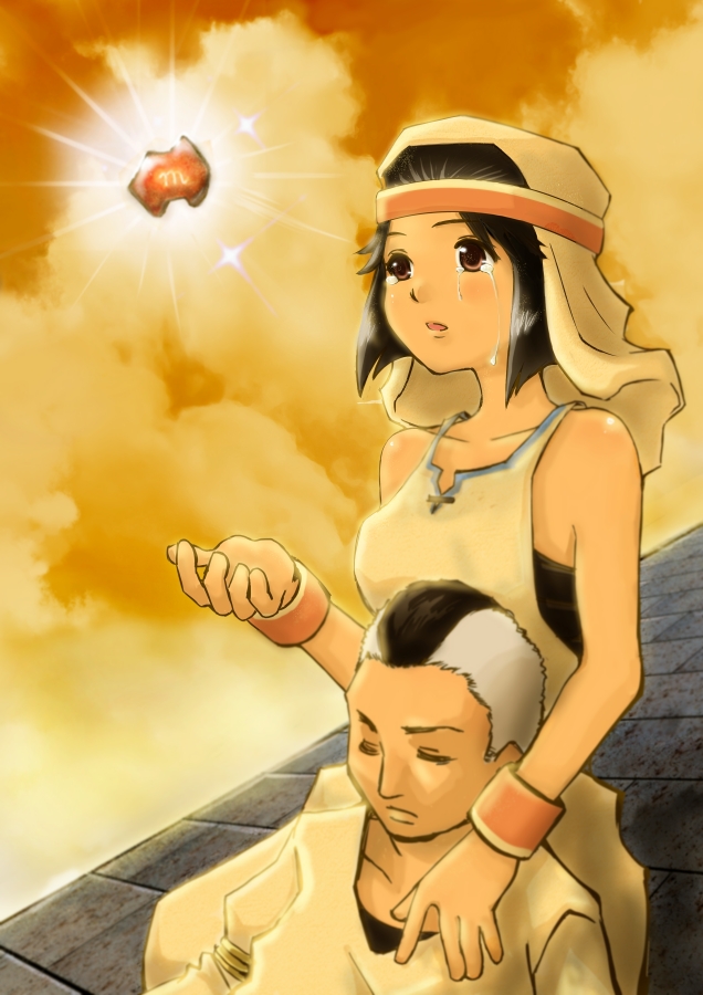 1boy, 1girl, bracelet, brother_and_sister, brown_eyes, cloud, clouds, crying
