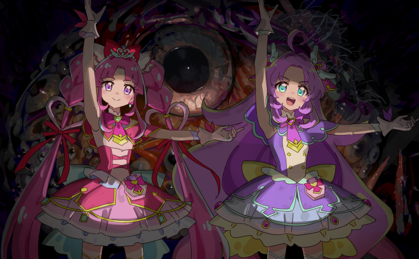 2girls, :d, akechi_anna, anisakisu, arm_up, bloodborne, blue_eyes, brain_of_mensis, commentary, cowboy_shot, crossover, cure_answer, cure_mystique, dress, english_commentary, highres, kobayashi_mikuru, long_hair, looking_at_viewer, magical_girl, make_contact_(gesture), meitantei_precure!, multiple_girls, open_mouth, pink_dress, pink_hair, precure, purple_dress, purple_hair, smile, twintails