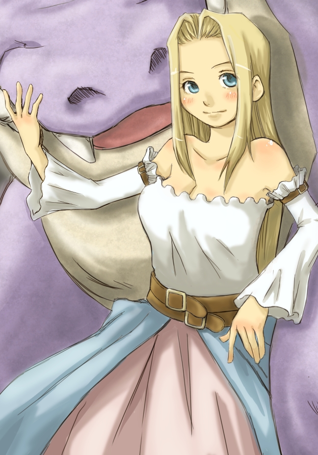 belt, blue_eyes, blush, body_blush, breasts, cleavage, detached_sleeves, dragon