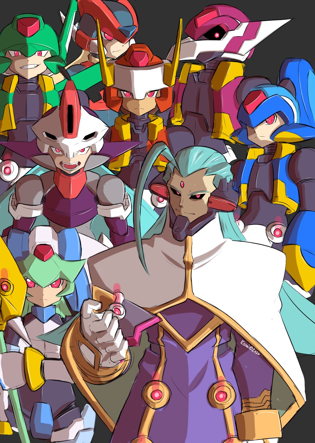 2girls, 6+boys, aeolus_(mega_man), armor, atlas_(mega_man), biometal, black_sclera, blue_armor